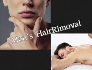 男性の顔と背中の脱毛施術の様子を組み合わせて示した美容ケアのイメージ