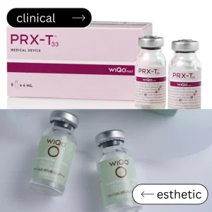 ピーリング用の薬剤ボトルと箱が並びクリニカルとエステ向け製品を示す画像