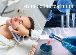 男性が顔の施術を受ける様子と幹細胞の研究イメージを組み合わせた美容医療の広告